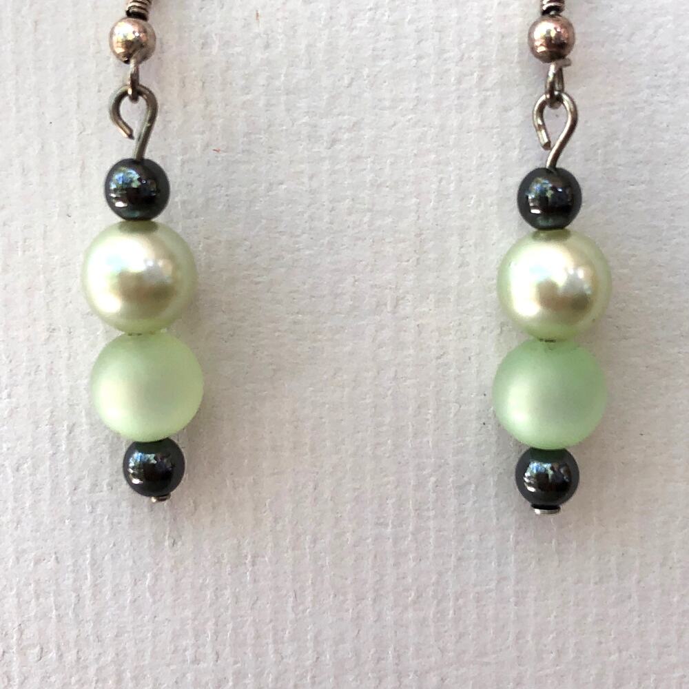 Green and Gray Earrings Dangle Statement Hook Faux Pearls Upcycled Handmade Gift
